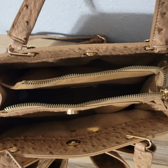Ostrich Bow Faux Leather 3 Compartment Satchel - Camel - Picture 8 of 13